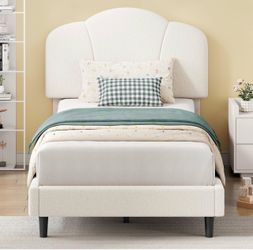 Twin Platform Bed Frame with Upholstered Headboard, White Cozy Twin Beds in Lamb Velvet, Flower-shaped, Sturdy Wooden Slats, Noise-free, 800lbs Suppor