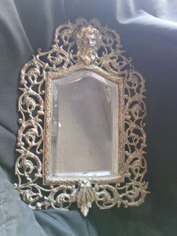 Vintage Rococo Revival Cast Brass Mirror - Green Man / North Wind Ornate Wall Mirror