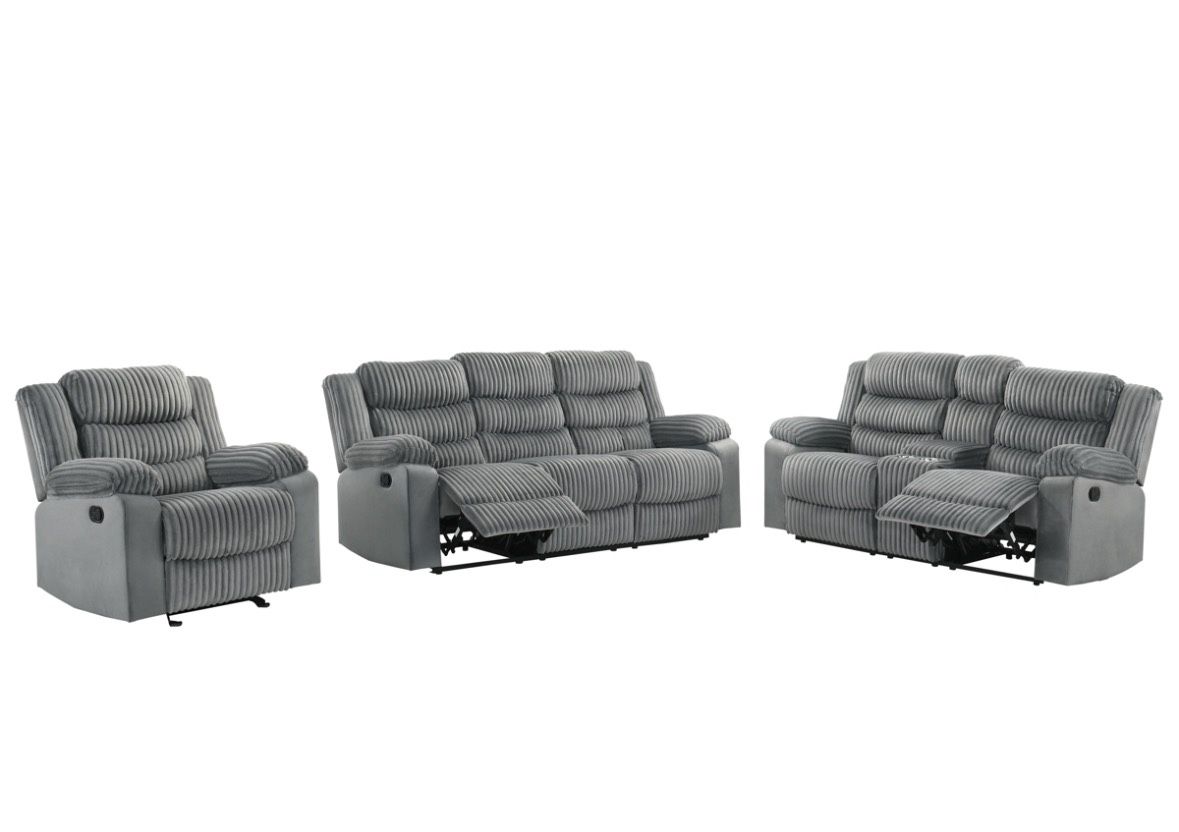Brand New Grey Recliner Three-Piece Set Corduroy Material. Also Available In Black.