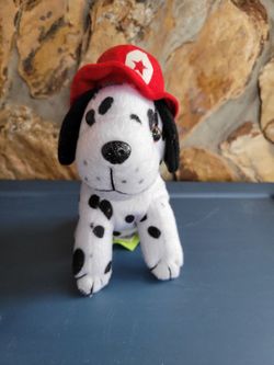 Firefighter Dalmatian Puppy Plush Toy Wearing A Red Firefight Helmet