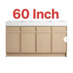 59.1 in. Freestanding Oak Bath Vanity with Double Sink White Resin Top Bathroom Door Storage Cabinet Unassembled