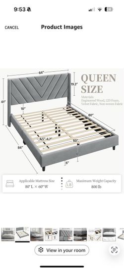 Queen upholstered grey bedframe