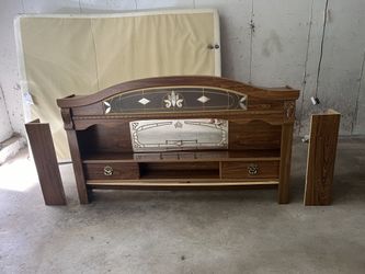Vintage Wooden Queen Bed Headboard With Mirrors And Drawers