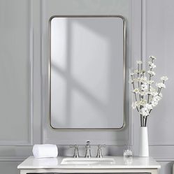 Brushed Nickel Rounded Rectangle Bathroom Mirror 