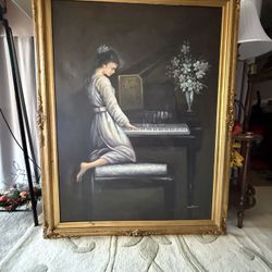 Oil painting of a lady playing the piano