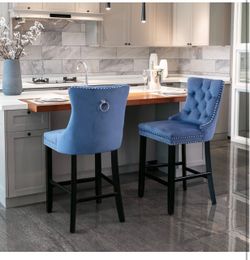 27" Bar Stools Set of 2 Counter Height Barstool Velvet Barstools with Solid Wooden Legs Upholstered Barstool with Button Tufted Back Kitchen Island Ba