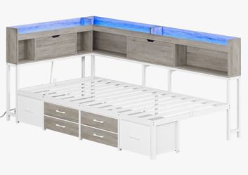 Corner Twin Daybed Frame with 6 Drawers and Storage Bookcase with Charging Station and LED Lights - New in Box