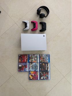 PS5 with 3 controllers, headphones & games
