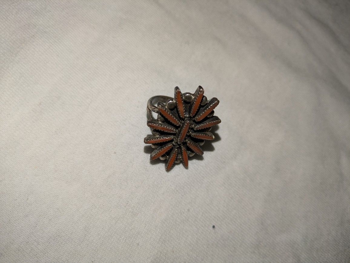 Edmund Cooeyate Zuni Coral Needlepoint Ring