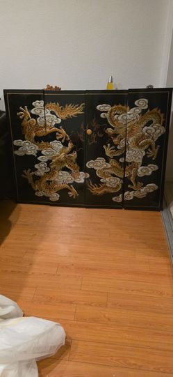 4-Panel Black Lacquer Dragon Wall Art