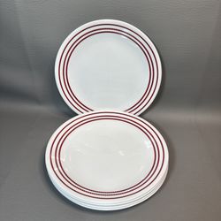  Set 6- Corelle Corning Vitrelle CLASSIC RUBY RED 8½" Luncheon Salad Plate Stripe  *** These are used and show signs of minor wear***