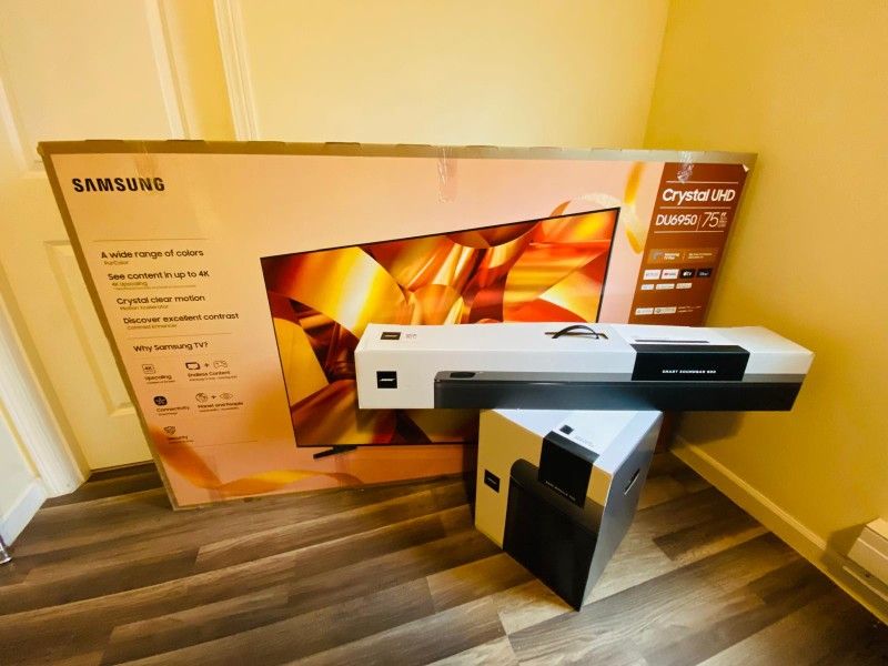 75" Samsung Tv, Bose Soundbar 900, Bose Base Module 700 .