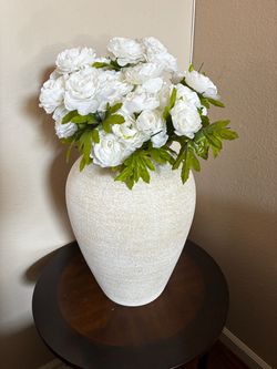 Large Textured Cream Vase with Faux Flowers