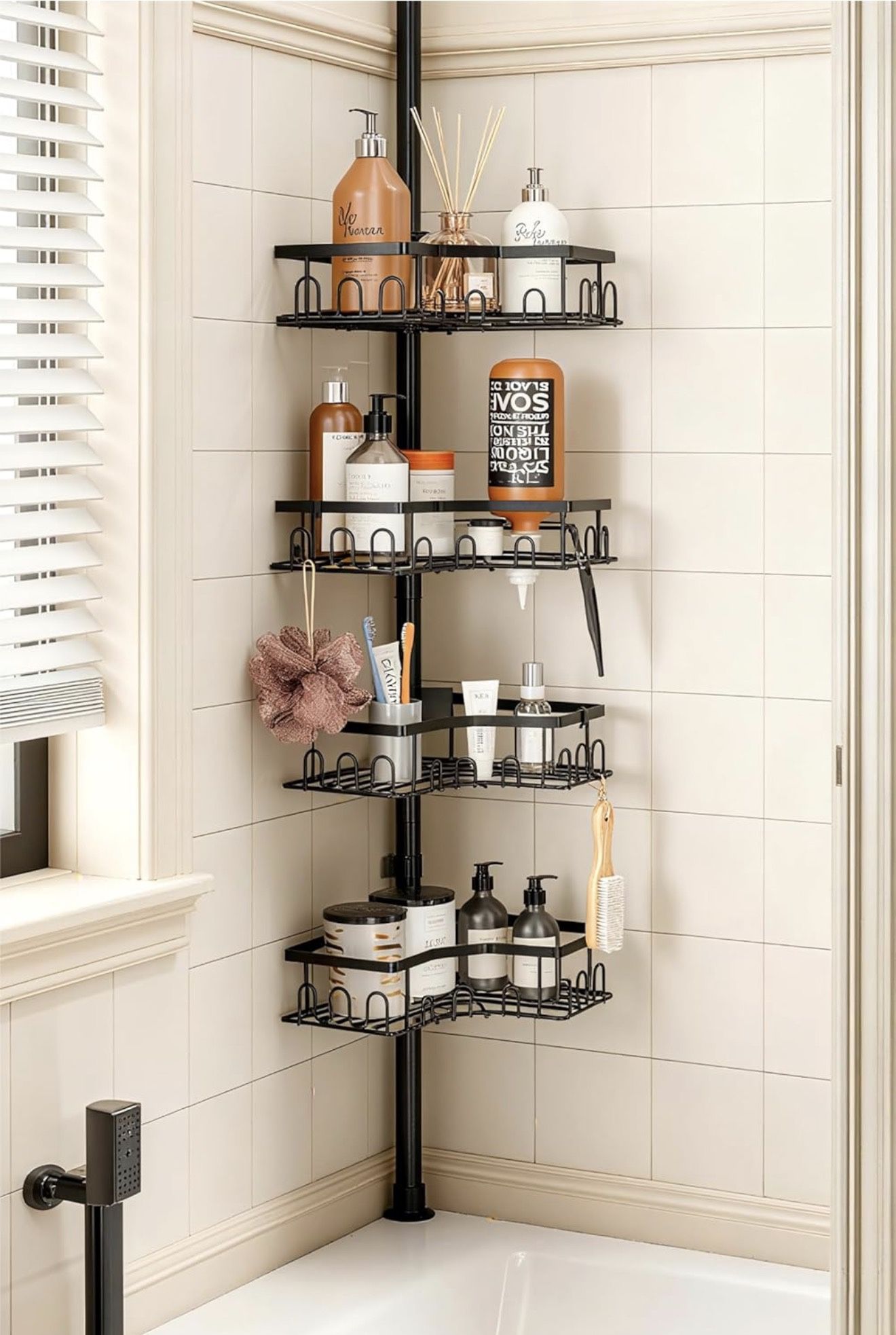 Brand New Corner Shower Caddy Tension Pole - 4-Tier Shower Corner Shelf for Bathtub Bathroom Shower Organizer - Adjustable 34in-120in, Space Saving B