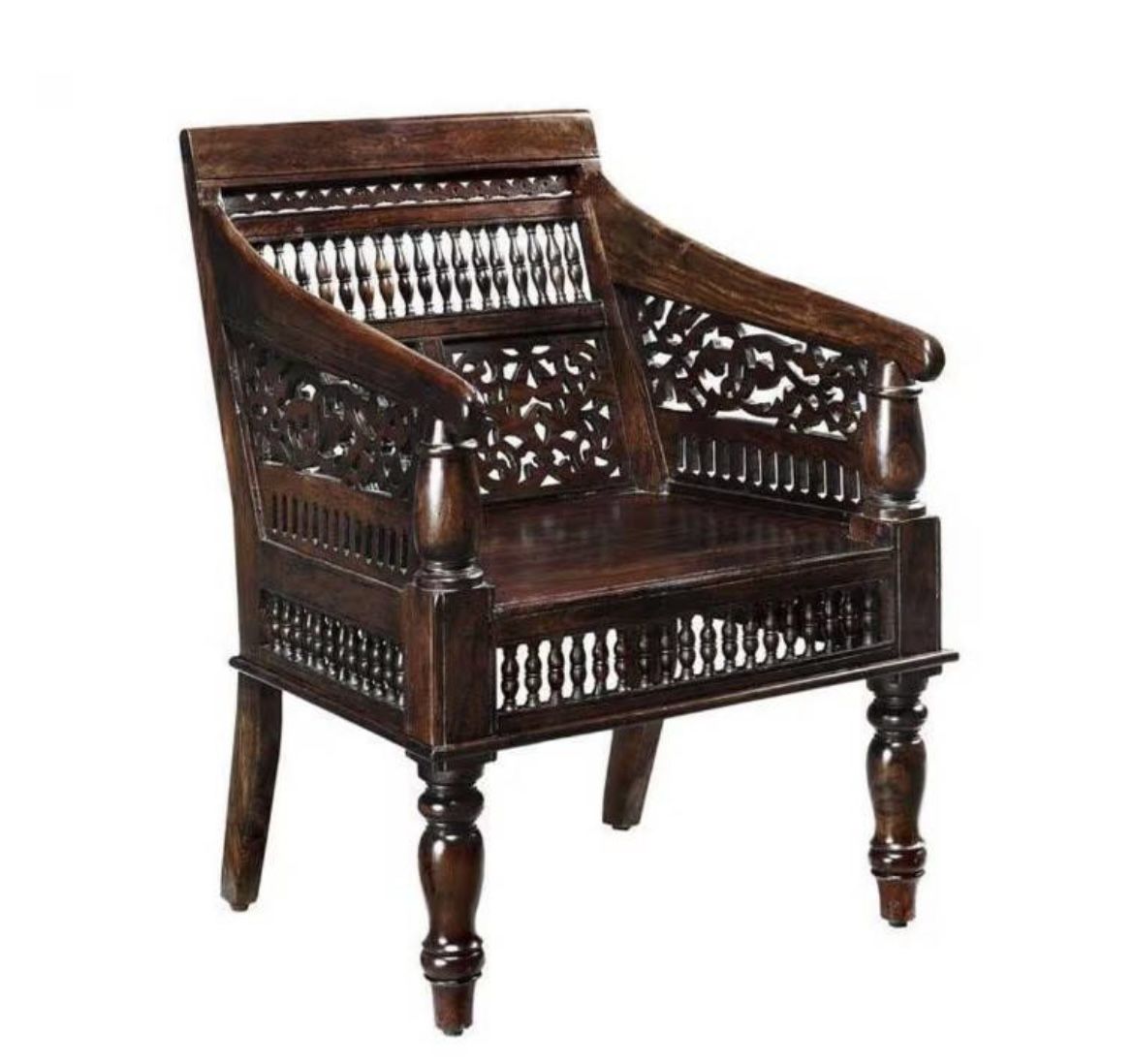 New- Maharaja Walnut Brown Wood Hand Carved Arm Chair