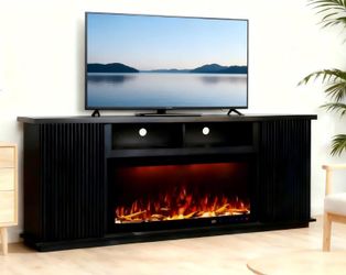 NEW🖤Fully Assembled 70" Black Okoume Veneer Fireplace TV Stand