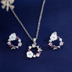 White Gold Plated Halo Flower Necklace Set