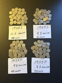 Coins – Jefferson Nickels – all Coins Very Low Mintage – 1950 P/1955P/1948S/1949S –40 Coins Each -  Total 160 Coins $125