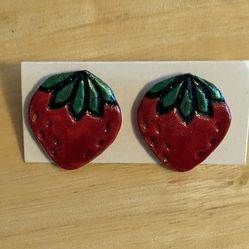 Strawberry Earrings Studs Pierced Red Green Plastic Backings 3/4"  X 1/2"