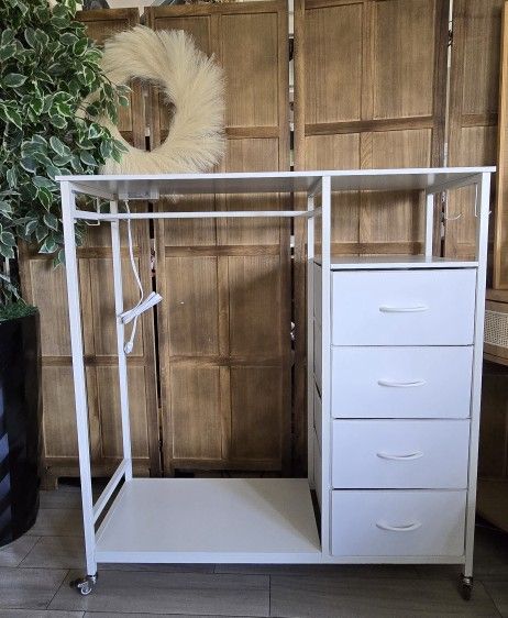 White Dresser for Bedroom with Hanging Rack and Charging Station, 4 Tall Storage Chest of Drawers