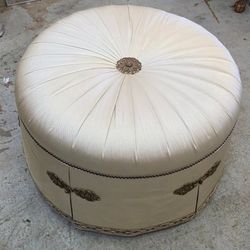 Vintage Sunburst Pleated Round Ottoman with Ornate Brass Accents
