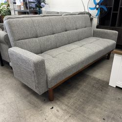BRAND NEW Mid Century Modern Style Futon Sofa Bed, Tufted Lines, Extra Support Wood Legs, Side Pockets