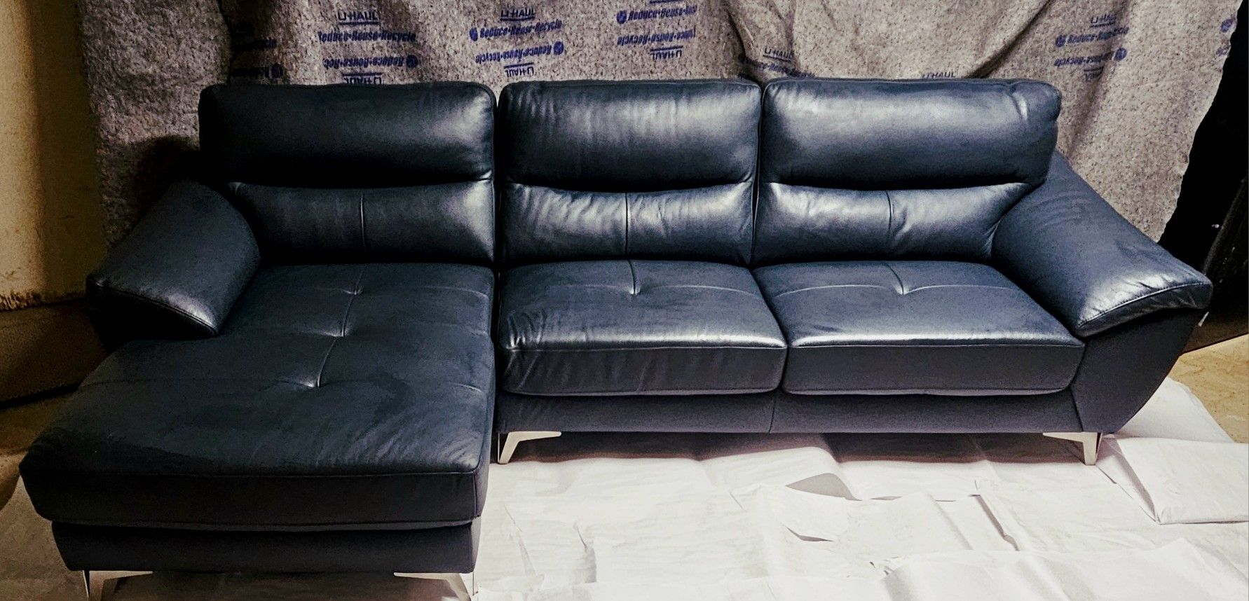 "CADENCE" TOP GRAIN LEATHER CHAISE SOFA CORNER GROUP: