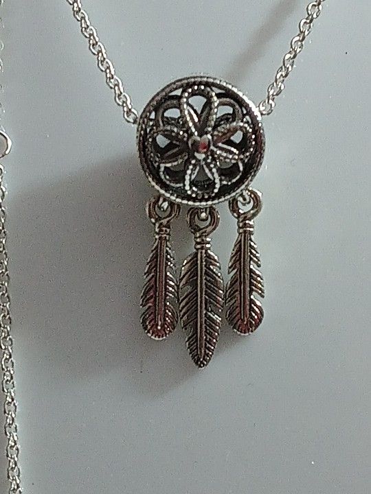 Pandora Authentic Brand New Sterling Silver Spiritual Dream Catcher Dangle 17.7 Charm Necklace Embedded FOLLOW YOUR DREAMS