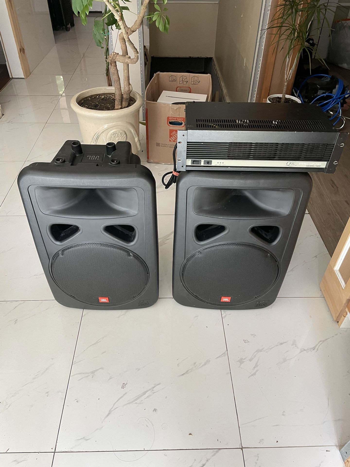 JBL EON 1500 2-Way 15" Passive PA Speakers (2) + QSC Audio Stereo Amplifier Model 1400