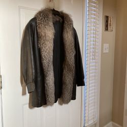 Leather Coat With Silver Fox Shawl Collar