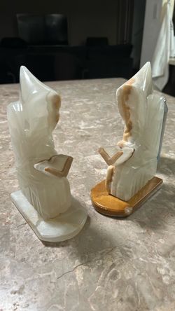 Carved Marble / Onyx Praying Monks Bookend Set Solid Stone.