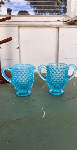 Vintage Fenton Blue Opalescent Hobnail Creamer & Sugar Bowl Set