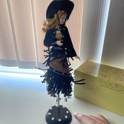 NWT Popular Creations 11”H Cowgirl Tassel Doll W/ Stand With Box Brand New 