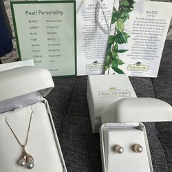 Akoya Pearl 14k Rose Gold Maile Leaf Pendant with Diamond and Akoya Pearls with Matching Earrings