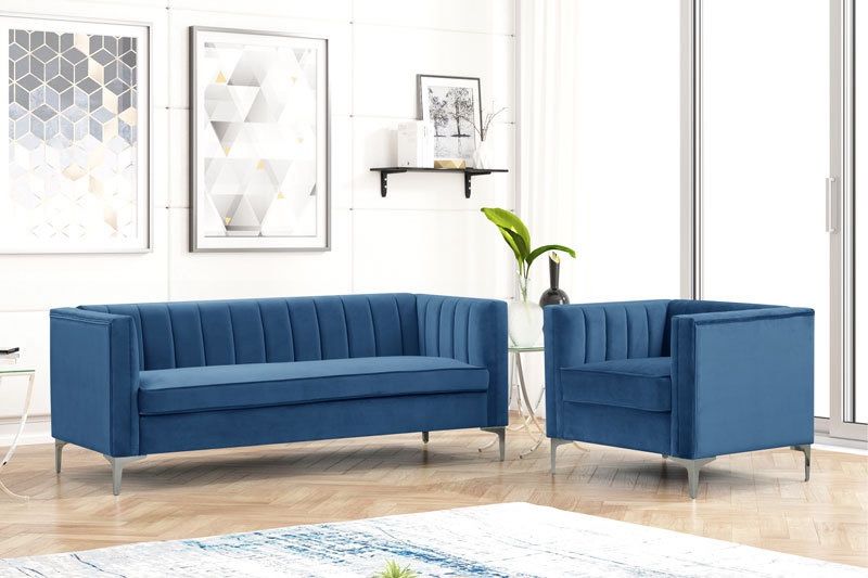 Sofa And Chair Modern Channel Tufted Velvet Chair and Sofa Set, Blue Velvet