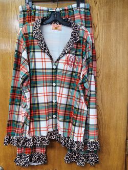 2X Soft Stretchy Leopard Trim Red Green Plaid Pajamas M.R.R. Monogram TinyTurtlesBaby