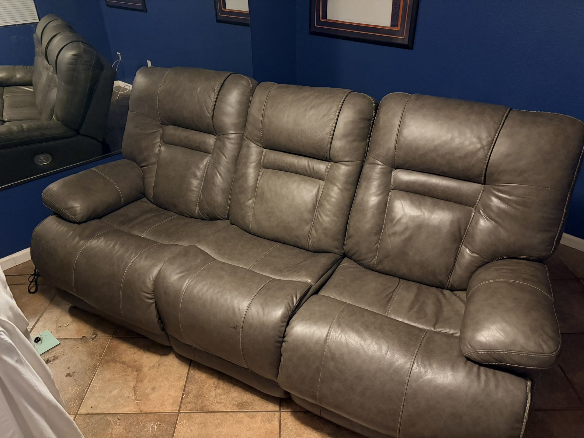 Like New, Barely Used Leather Ashley High-End Sofa With Power Two Recliners