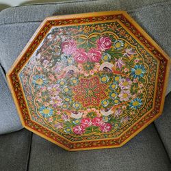 Beautiful Vintage Octagon Wooden Hand Painted Decorative Tray