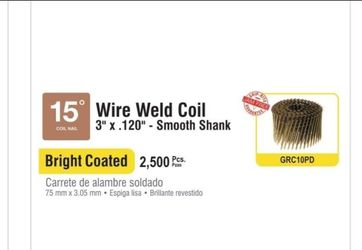 ➿️ GRIPRITE GRC10PD  3" X 0.120"/ 15*/ WIRE COIL/ FULL ROUND HEAD (2,500 BX.)
