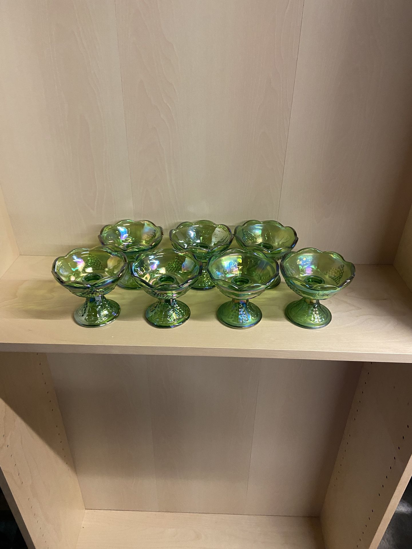 7 Green Carnival Glass Candle Holders