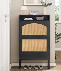 The shoe storage real wood with 2 rattan doors