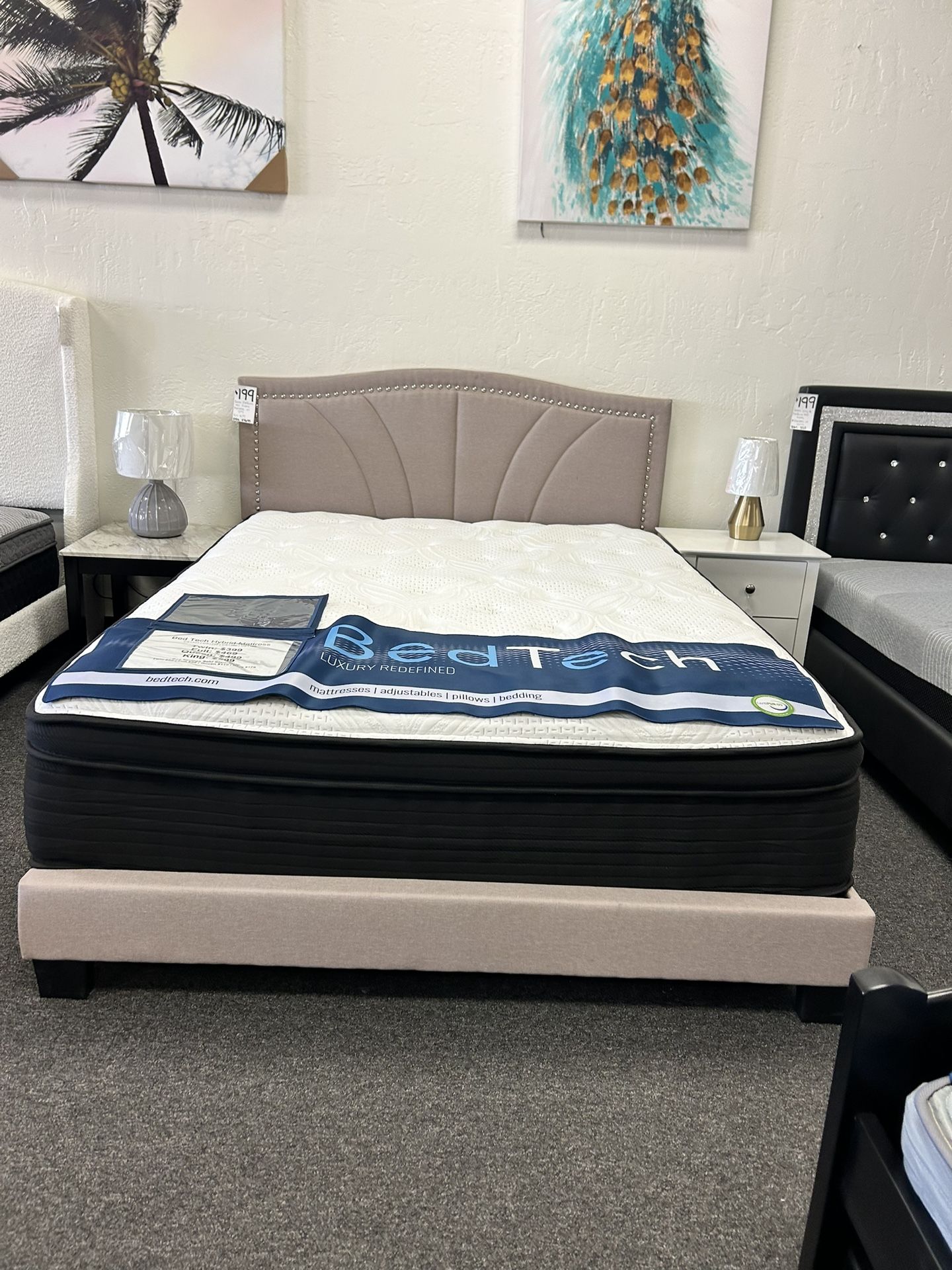 Beige Queen Platform Bed Frame