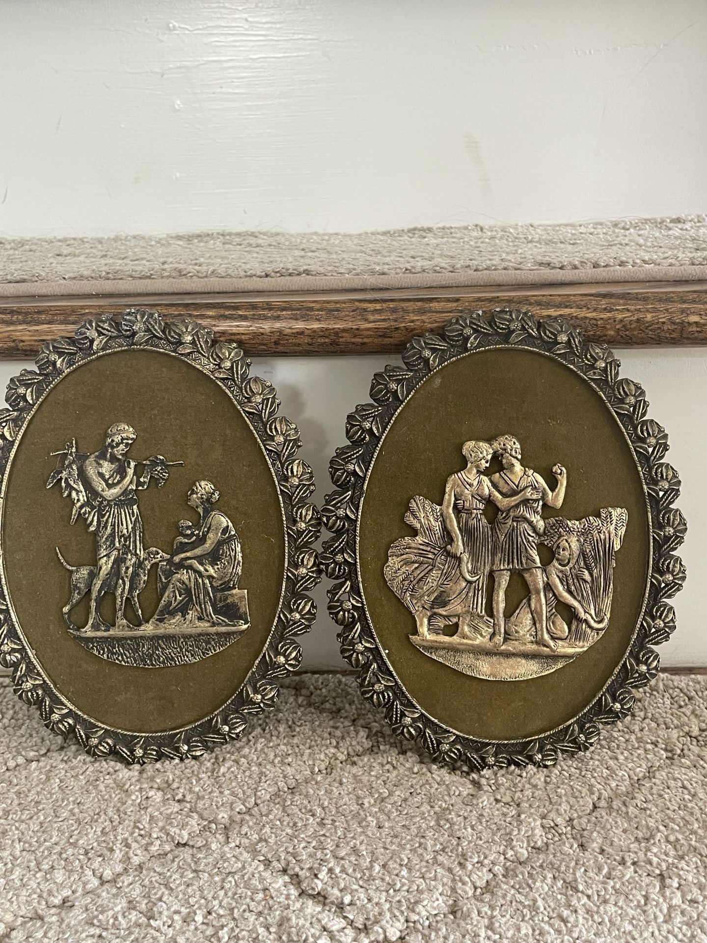 (2) Vintage Gold Tone Cast Metal Ornate Filigree Roman Greek Plaque Wall Decor