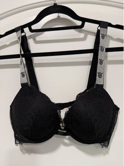 Victoria's Secret Black Lace Push-Up Bra with Rhinestone Logo Straps. Size 36B.