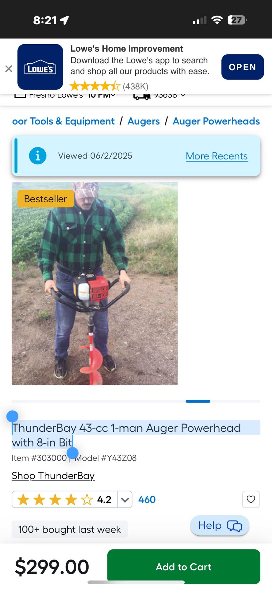 ThunderBay 43-cc 1-man Auger Powerhead with 8-in Bit