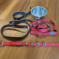 Dog Leash Collar Bowl Bundle Leather Leash Bone & Bell Collars Water Dish