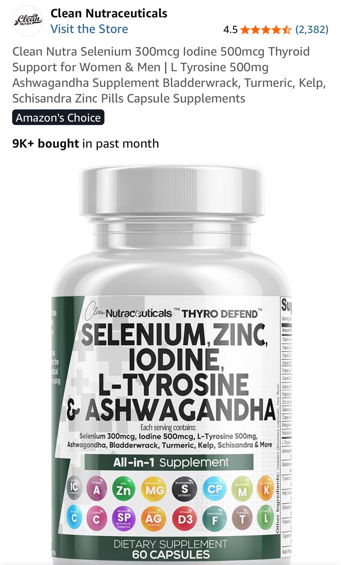 Clean Nutra Selenium 300mcg Iodine 500mcg Thyroid Support for Women & Men | L Tyrosine 500mg Ashwagandha Supplement Bladderwrack, Turmeric, Kelp, Schi