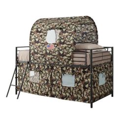 Rugged twin loft bed finished in army green inspires the imagination