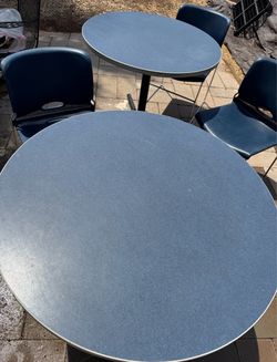 Pair of HON Commercial Bistro Tables - 2 Round Blue Cafe Breakroom Tables