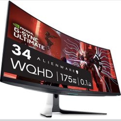 Alienware AW3423DW Curved Gaming Monitor 34.18 inch Quantom Dot-OLED 1800R Display, 3440x1440 Pixels at 175Hz, True 0.1ms Gray-to-Gray, 1M:1 Contrast 